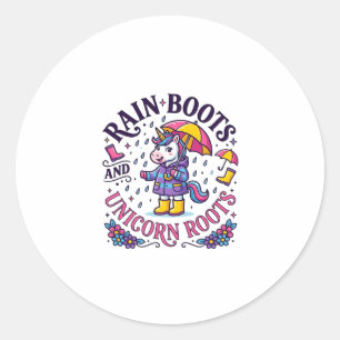 Pegatina Redonda Botas de lluvia de unicornio y camiseta comercial 