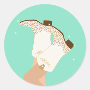 Pegatina Redonda Botas de vaquera femeninas modernas con estrellas 