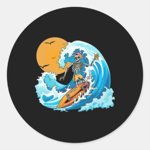Pegatina Redonda Bote Summer Vacation Skeleton Surfing Hawaii