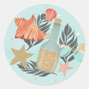 Pegatina Redonda Botella de Coral Red and Mint Beach y cascadas