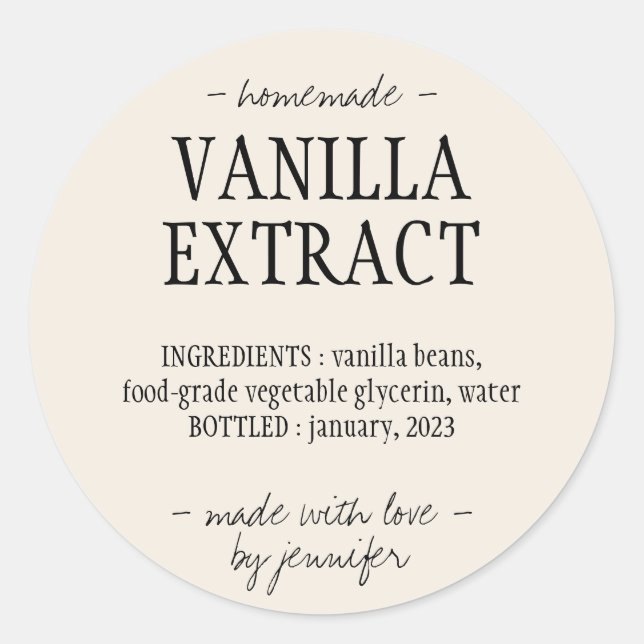 Pegatina Redonda Botella de extracto de vainilla Bebida casera Crem (Anverso)