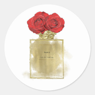 Pegatina Redonda Botella de Perfume de Moda Floral Rosas Rojas Glam