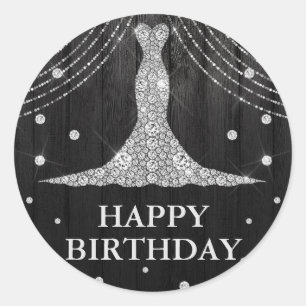Pegatina Redonda Botella de vestido negro plateado Feliz cumpleaño
