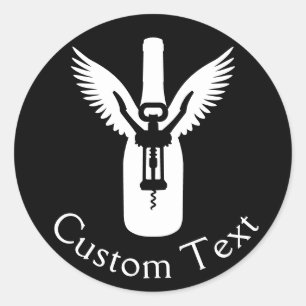 Pegatina Redonda Botella de vino con alas y corktornillo