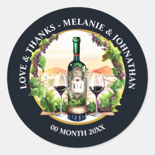 Pegatina Redonda Botella de vino de acuarela vid viñedo campo