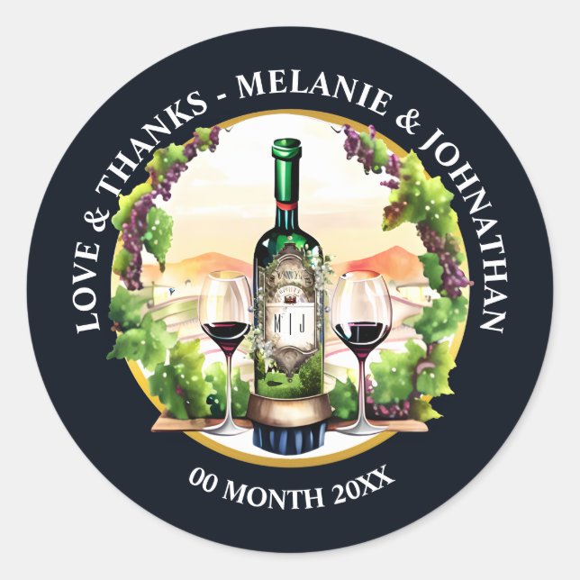 Pegatina Redonda Botella de vino de acuarela vid viñedo campo (Anverso)
