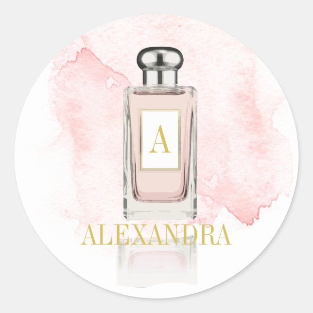 Pegatina Redonda Botella Perfume Monograma Elegante (Anverso)