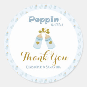 Pegatina Redonda Botellas Blue Poppin Boy Baby Shower