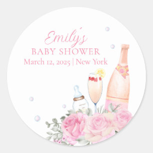 Pegatina Redonda Botellas de champán Rosa Poppin Baby Shower