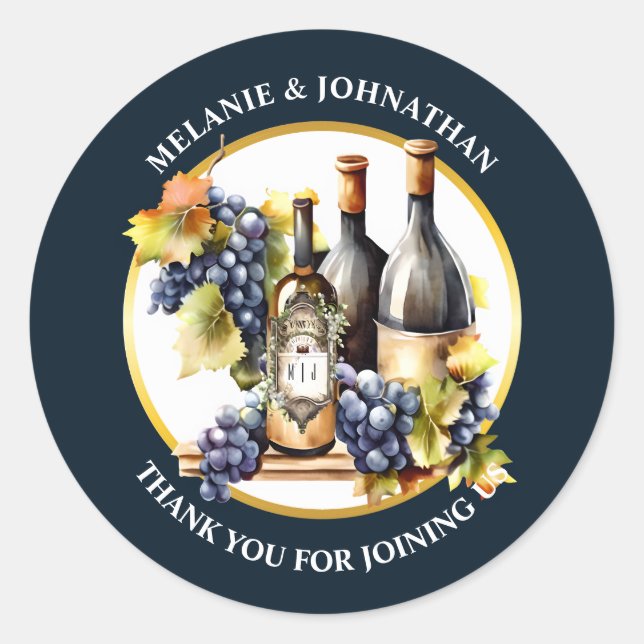 Pegatina Redonda Botellas de vino acuático País monogramo de uvas (Anverso)