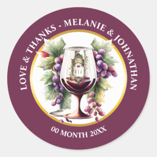 Pegatina Redonda Botellas de vino de acuarela uvas borgoña bodega