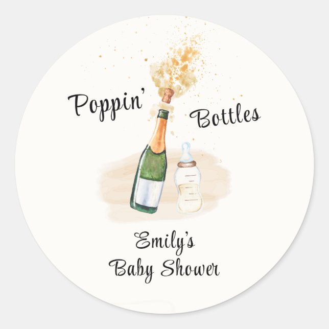 Pegatina Redonda Botellas modernas de Poppin Champán Baby Shower (Anverso)