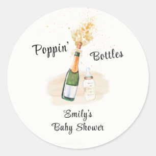 Pegatina Redonda Botellas modernas de Poppin Champán Baby Shower