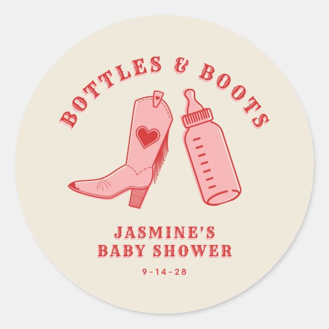 Pegatina Redonda Botellas y boots Cowgirl Baby Shower rosa occident (Anverso)