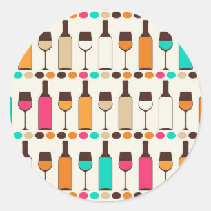 Pegatina Redonda Botellas y vidrios retros de vino