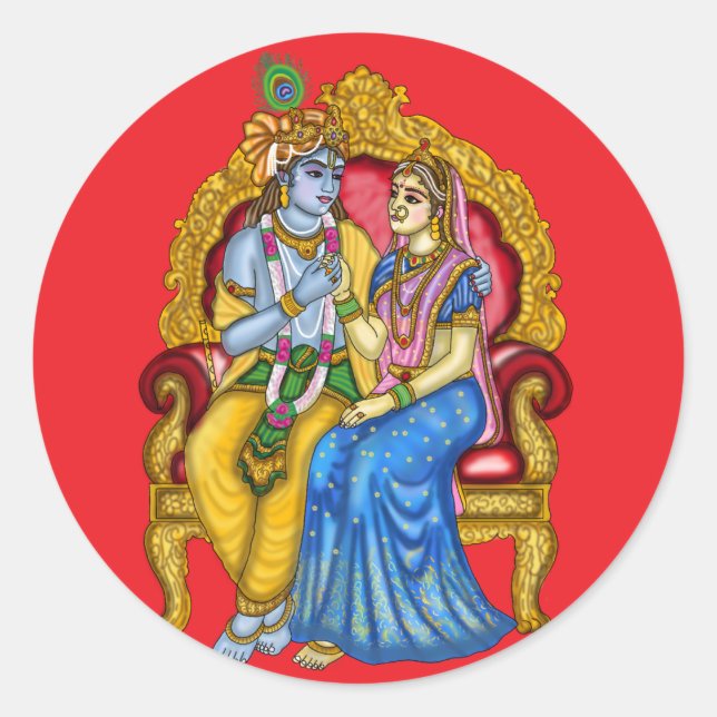 Pegatina Redonda Botón de Radha Krishna (Anverso)