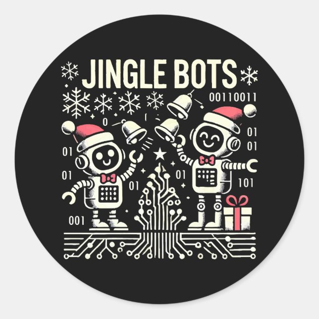 Pegatina Redonda Bots Jingle Festividades con Santa Hats (Anverso)