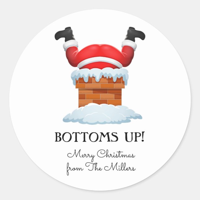 Pegatina Redonda Bottoms Up Santa Holiday Bebida (Anverso)