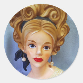 Pegatina Redonda Bouffant Hair Lady Head Vase Big Blue Eyes