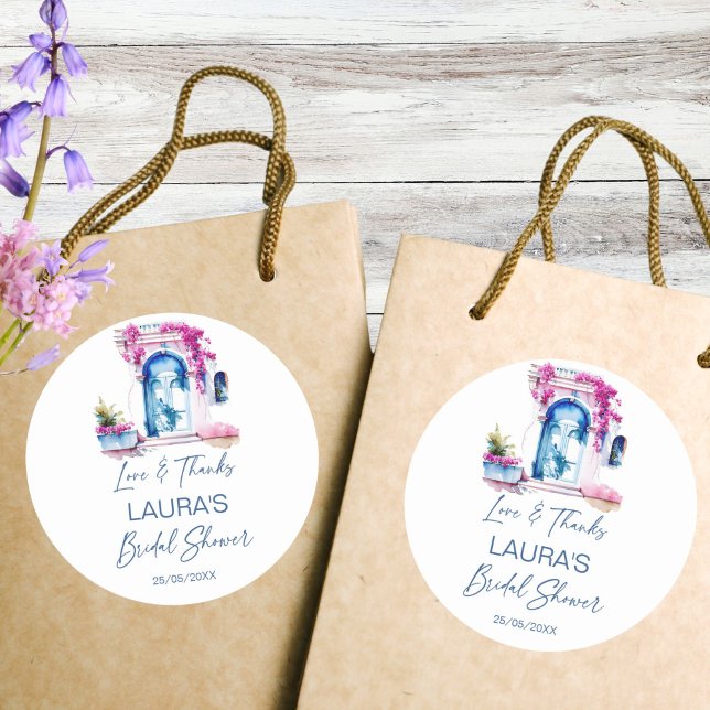 Pegatina Redonda Bougainvillea ducha de novia mediterránea (Bougainvillea Mediterranean themed bridal shower thank you favor Sticker bridal shower favors pink)