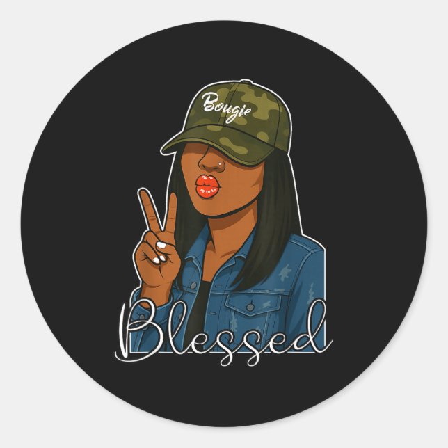 Pegatina Redonda Bougie Blessed Camo Hat Christian Black Woman  (Anverso)