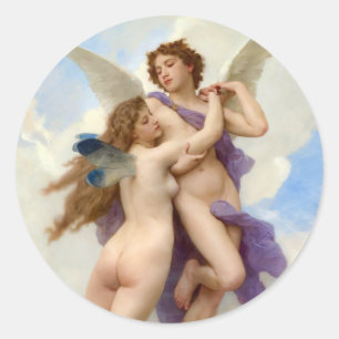 Pegatina Redonda Bouguereau de Cupido y Psyche