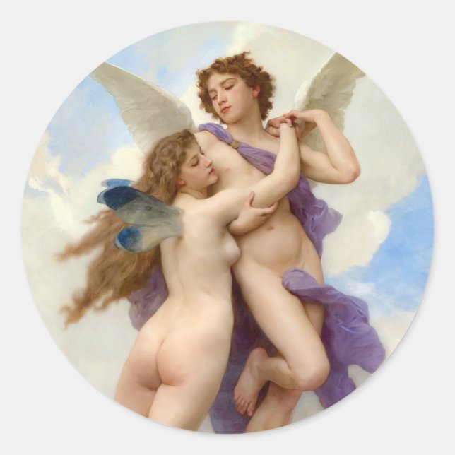 Pegatina Redonda Bouguereau de Cupido y Psyche (Anverso)