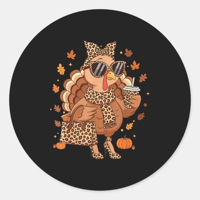 Pegatina Redonda Boujee Turkey Leopard Preppy Fall Thanksgiving Pum (Anverso)