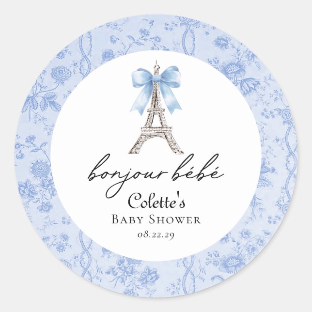 Pegatina Redonda Boujour Bebe Paris French Toile Blue Baby Shower (Anverso)