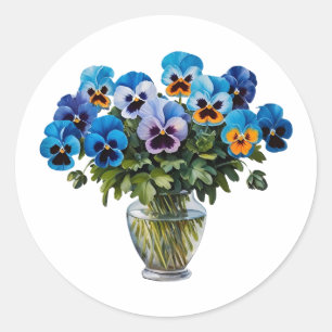 Pegatina Redonda Bouquet de flores de color azul Pansy azul