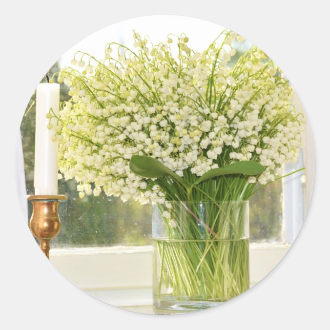 Pegatina Redonda Bouquet de flores primaverales lirios del valle (Anverso)