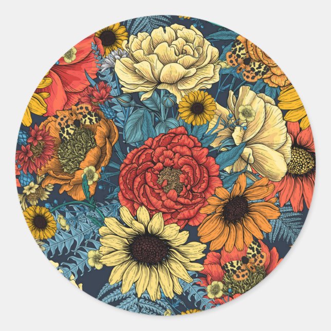 Pegatina Redonda Bouquet de flores - rosas, peonías, daisies y fe (Anverso)