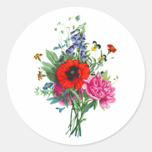 Pegatina Redonda Bouquet de Foxglove, Poppy y Peonie de Prevost