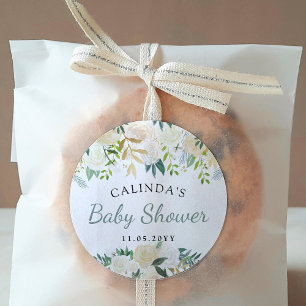 Pegatina Redonda Bouquet rosa blanco   BABY SHOWER
