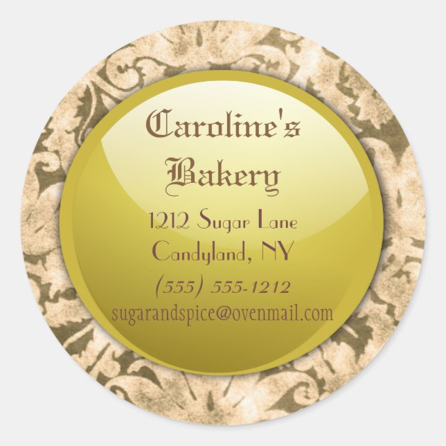 Pegatina Redonda Boutique Baking and Bakery, Gold Damask (Anverso)