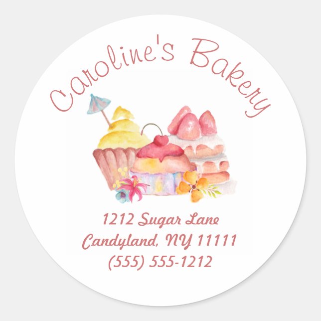 Pegatina Redonda Boutique Baking and Bakery, pasteles y pasteles (Anverso)