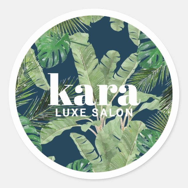 Pegatina Redonda Boutique de Moda Tropical Salón Diseñador Azul Mar (Anverso)