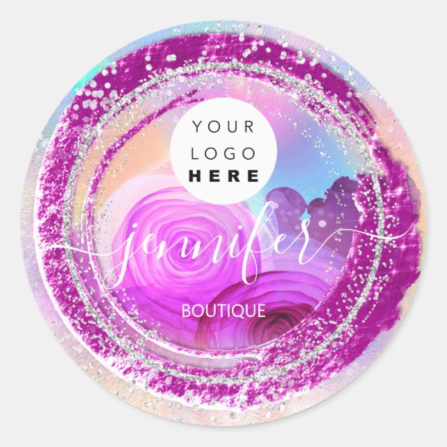Pegatina Redonda Boutique Shop Purpurina Frame Silver Floral rosa (Anverso)