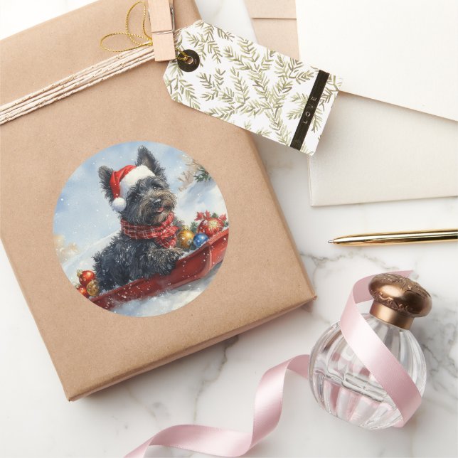 Pegatina Redonda Bouviers Des Flandres Dog en Navidades seductores (Regalar)