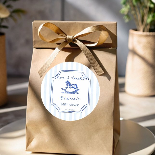 Pegatina Redonda Bóveda azul de caballo de la ducha de bebé (Blue rocking horse handrawn sketch vintage baby shower favor sticker personalized favor stickers)
