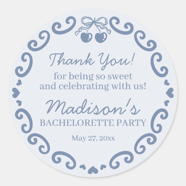 Pegatina Redonda Bow azul retro coqueta tarta Bachelorette (Anverso)