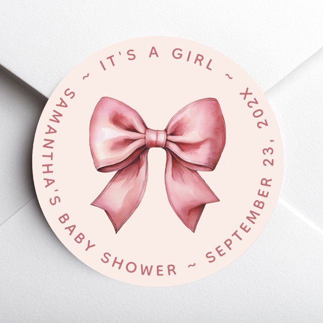 Pegatina Redonda Bow Baby Shower Blush Pink & Red It's a Girl (Subido por el creador)