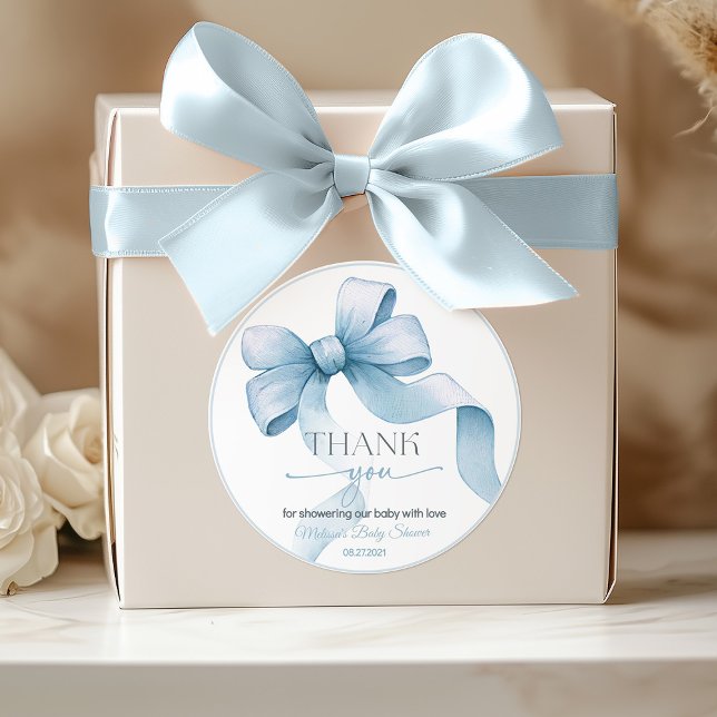 Pegatina Redonda Bow Coquette Boy Baby Shower (Blue bow Coquette boy baby shower personalized sticker)