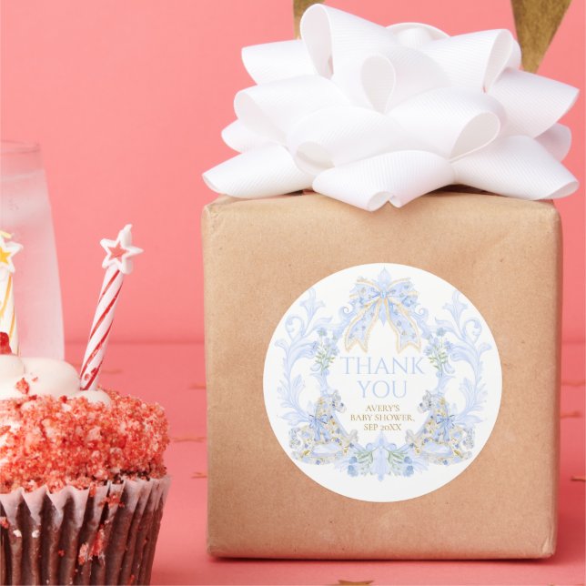 Pegatina Redonda Bow Floral Escudo Rustic Blue Boy Baby Shower (Fiesta)