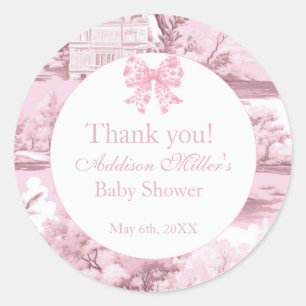 Pegatina Redonda Bow Floral Rosa Coquette Baby Shower
