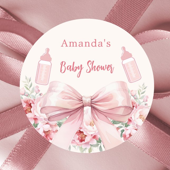 Pegatina Redonda Bow frascos de flores rosadas Baby Shower (Subido por el creador)