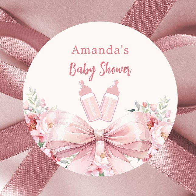 Pegatina Redonda Bow frascos de flores rosadas Baby Shower (Subido por el creador)