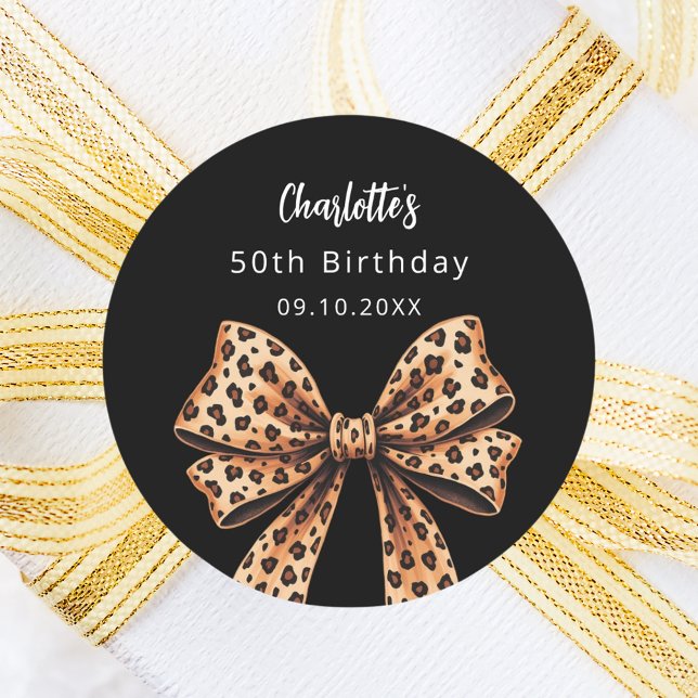 Pegatina Redonda Bow leopard print black Cumpleaños (Subido por el creador)