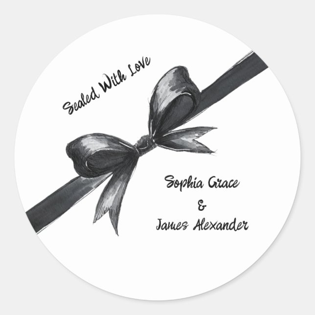 Pegatina Redonda Bow negro y blanco | Boda elegante | Monocromo (Anverso)
