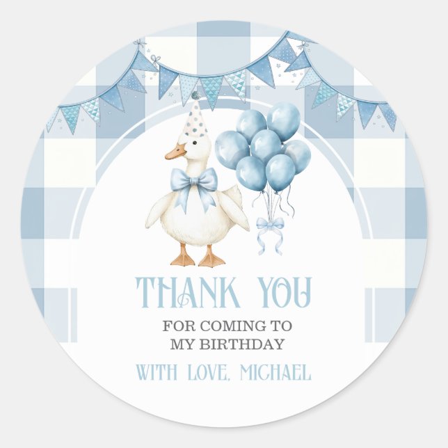Pegatina Redonda Bow One Silly Goose 1st Birthday Blue Gingham (Anverso)